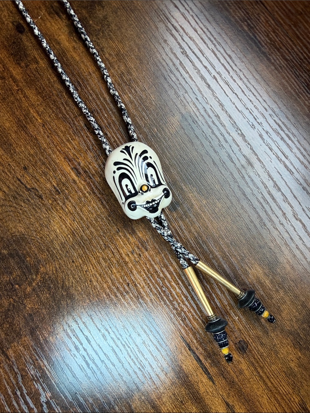 Black & White Skull clown bolo tie with Gold Accent - halloween Accessories